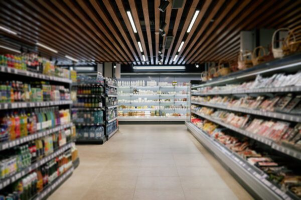 Bustling retail storefront with security cameras